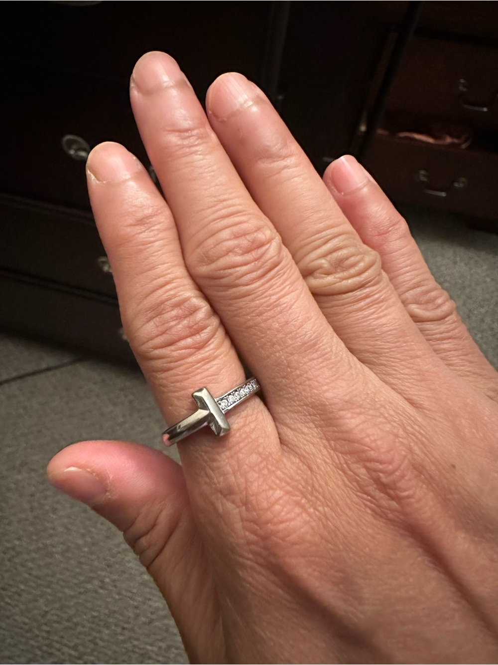 Silver T Ring with crystals